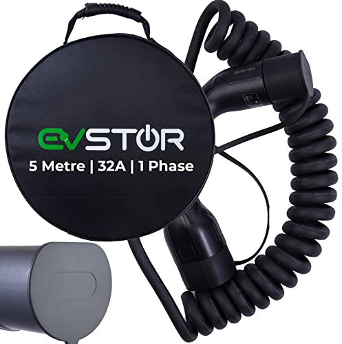 EVSTOR EV/Electric Vehicle Charging Cable Coiled | Type 2 to Type 2 | 5 metre | 32 Amp | Single Phase | 7.6KW | IEC 62196-2 | Mode 3 | FREE Carry Bag (5 metre coiled)