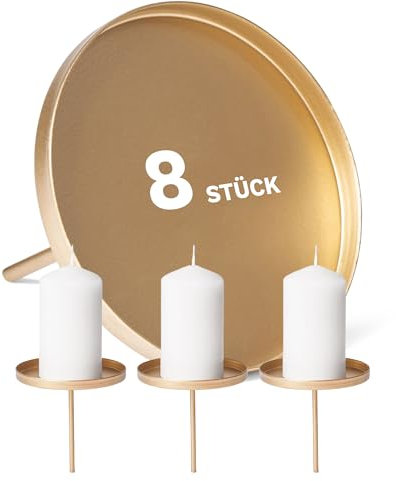 Novaliv 8X Kerzenteller flach 9cm Gold Weihnachtskranz Kerzenständer Adventskranzdeko Kerzenhalter Adventskranz Kerzenteller zum Stecken rund Kerzenpin Kerzentülle Metall Kerzenständer Kerzenpin