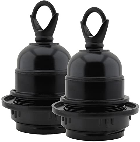 Art Deco Emporium Twin Pack E27 Lampholder in Black Bakelite with Shade Ring and Deco Styled Chain Closed Loop for Hanging Light Fittings, Black Ceiling Light Fitting or Pendant Light Fitting