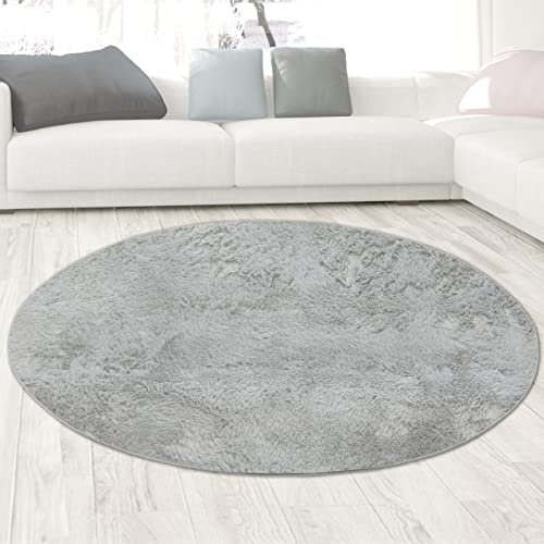CARPETIA Teppich für Badezimmer edel & weich | rutschfest | in grau, 117 cm rund