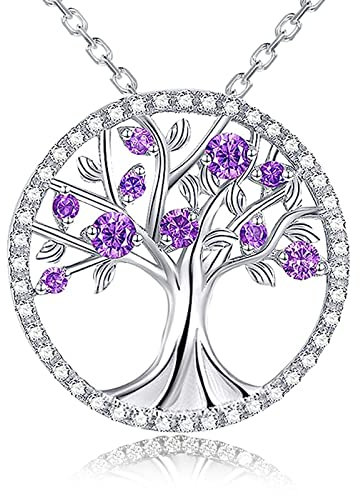 JUZICHEN Baum des Lebens Halskette für Frauen, 925 Sterling Silber Halskette für Frauen, Grüner Zirkonia Baum des Lebens Halskette, Hypoallergen, Mit Geschenkbox, Für Frauen, Männer (Lila)