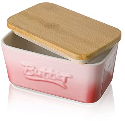 Mantequillera de Porcelana con Tapa de Madera, Henten Home Contenedor Grande para Mantequilla, Recipiente Hermética para Todo Tipo de Mantequilla(Rosa Sakura)