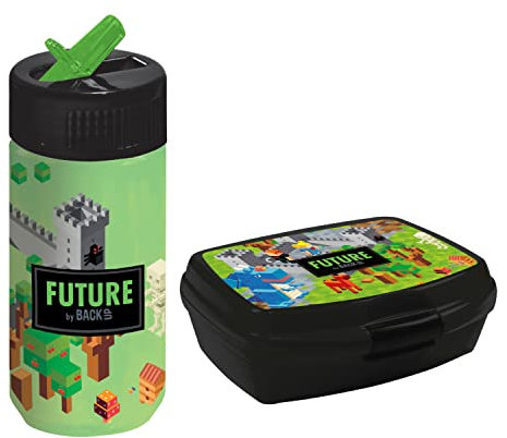 Goldkids Brotdose 17 x 14 x 6 cm Game Pixel Motiv Kinder Lunchbox Brotzeitdose Brotkasten für Frühstück Box Trinkflasche Schule Freizeit Kunststoff-Box inkl leuchtender Anhänger