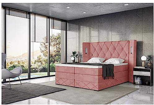 MEBLINI King Boxspringbett mit Bettkasten - Gepolstert Doppelbett mit Matratze und Topper - Polsterbett mit Stauraum - Bett mit LED Kopfteil - Stauraumbett - Manuel - 160x200 - H3/Rosa Samt