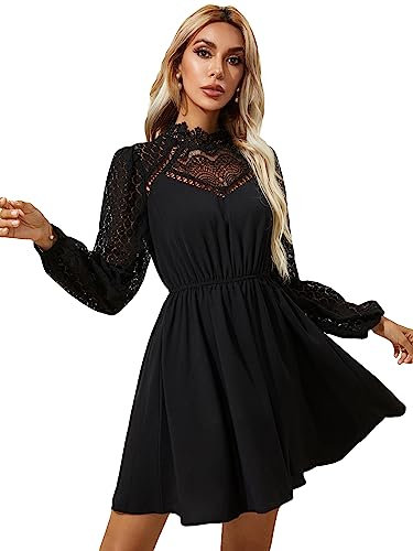 GORGLITTER Women's Eyelet Lace Flared A Line Mini Dress Lantern Long Sleeve Elegant Swing Dresses Black XS