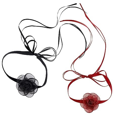 Hifot 2 Pezzi Collana Girocollo Fiori Donna, Regolabile Collana Fiore Rosa in Tessuto, Nero Collana Gotica, Regalo Donna Compleanno Festa Sposa