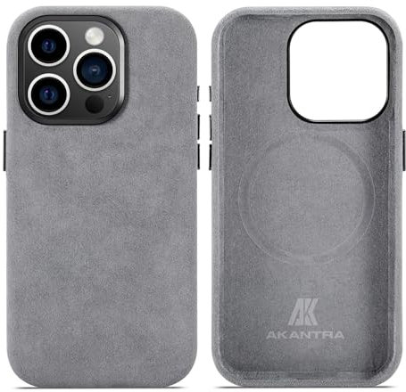 AKANTRA Alcantara Schutzhülle für Apple iPhone 15 Pro, handgefertigt, vollständig umwickelt, synthetisches Wildleder, kompatibel mit kabellosem Magsafe-Ladegerät, Grau