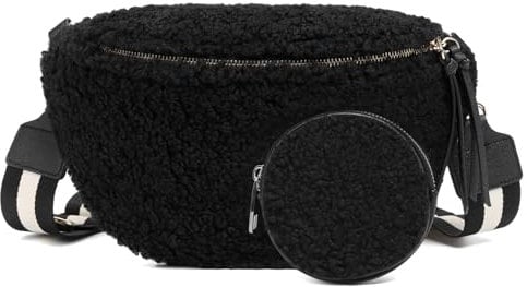 ER.Roulour Bauchtasche Plüsch Damen Umhängetasche Gürteltasche Hüfttasche mit Breiter Gurt und Münze Crossbody Bag (Schwarz)