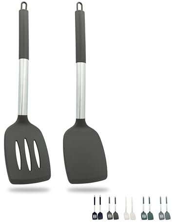 ZAIGON Set de 2 spatules en silicone robustes et antiadhésives - Résistantes à la chaleur et sans BPA - Ustensiles de cuisine idéaux pour le poisson, les œufs et les crêpes (Brun chocolat)
