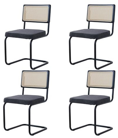 BenyLed Pack 4 Sillas de Comedor Estilo Nórdico Silla Escandinava; Sillas de Cocina Modernas con Respaldo de Madera Maciza de Ratán y Asiento Tapizado (Negro Polar)
