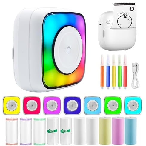 PRINHSJI Portable Mini Sticker Printer, Bluetooth Smart Pocket Inkless Thermal Printer with 11 Rolls Printing Paper for iOS&Android, Receipt Printer for Journal/DIY Scrapbook/Notes/Lists/Label/Memo