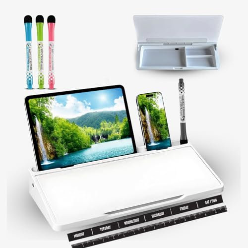 Piu home Desktop whiteboard - Desk organizer glass with storage- White Desk board buddy extra accessories Weekly Organizer and Ruler- Deskboard buddy computer organizer- School supplies & Office