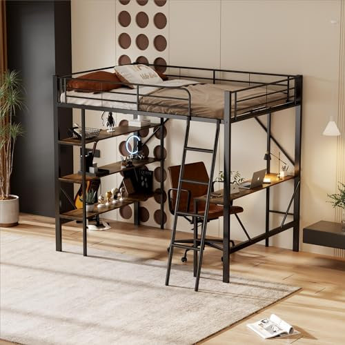 NNJN 90 * 200cm Bettgestell Metallbett, Eisenbett, Hochbett mit Schreibtisch und DREI großen Ablagen für Kinder, Jugendliche und Erwachsene, 90x200 cm, schwarz