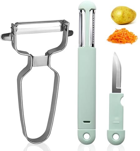Pelador de Patatas Profesional con Rallador y Cuchillo para Verduras I Pelador y Rallador de Verduras con Puntilla de Cocina 3 en 1 I Utensilios de Cocina Profesionales de Acero Inoxidable