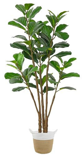 Warmplants Künstlicher Feigenblatt-Feigenbaum, 1,5 m hoch, künstliche Geigenblätter, Pflanze mit gewebtem Korb, künstlicher Ficus-Lyrata-Baum für Innen- und Außenbereich, Haus, Büro, Wohnzimmer, Dekor