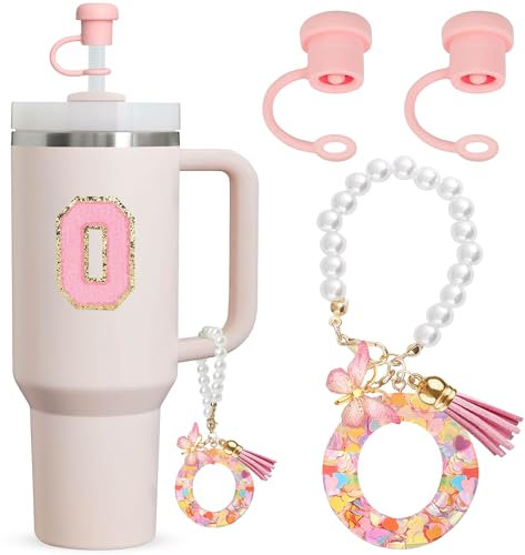 Letter Cup Accessories,4pcs Includs 2pcs Dustproof Straw Topper,1pc Letter Charm Accessories for Cup and 1pc Personalized Name ID A-Z Pearl Hangings Letter Stickers(O)