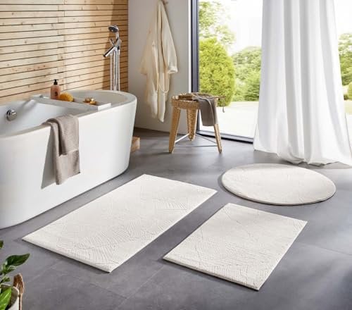 Taracarpet Badematte Homestyle rutschfest waschbar Badezimmerteppich Bad-Vorleger, WC Deko, Duschvorleger für Dusche und Badewannen sehr weich und kombinierbar Creme Blätter 120 cm rund
