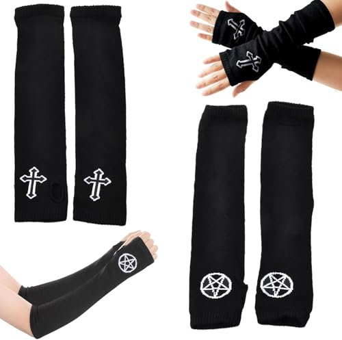 VireEyU Scaldabraccia per Donne, 2 Paia di Guanti Senza Dita, Nero, Stile Punk Gothic, Guanti da Polso con Fori per i Pollici, Ideali per Costume di Halloween e Cosplay