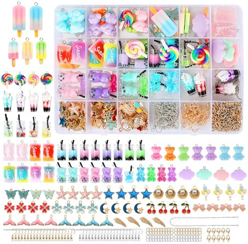 UCAMP 161 Stück Charms Anhänger Set,Schmuck Selber Machen Set,Geschenke für Mädchen,Schmetterling Gummibärchen Halskette,Anhänger aus Harz für Ohrringe Armband Halskette Schlüsselanhänger