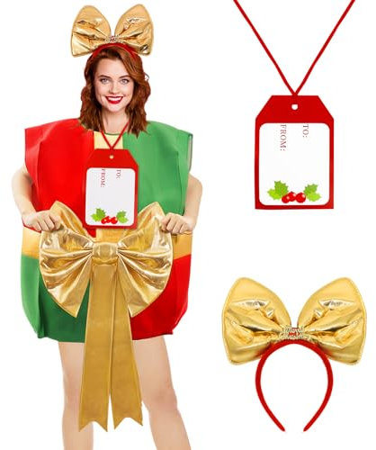 Mprocen Christmas Costumes Adult Christmas Parcel Fancy Dress Costume Christmas Costume with Hairband Cards for Women
