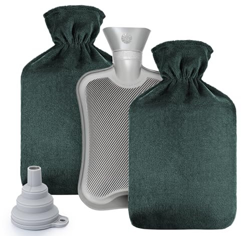 KARBRING Botella de agua caliente de 2 litros, con funda, a prueba de fugas, mullida, grande, para adultos y niños, regalo (verde)