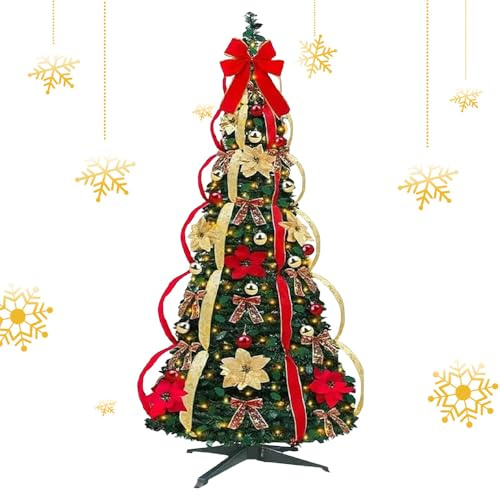 Árbol de Navidad plegable de 4 pies / 5 pies, árbol de Navidad desplegable con luces, árbol de Navidad artificial con adornos de cinta y lazo para decoraciones de fiesta de Navidad (1,2 m)