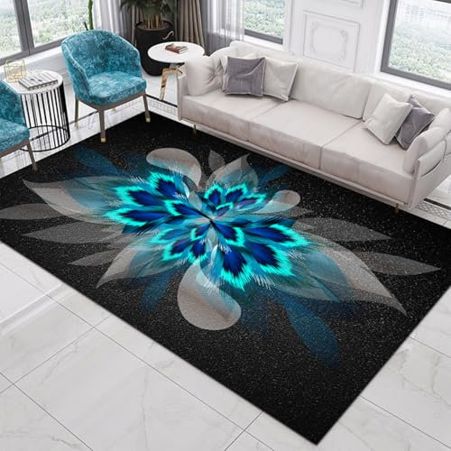 Teppich Modern Feder Muster Rechteckig für Wohnzimmer und Schlafzimmer Weicher Kurzflor Deko Wohnaccessoires in Schwarz Grau Dunkelblau Türkis 180x200 cm
