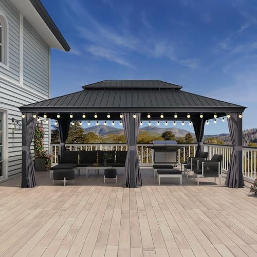 PURPLE LEAF Pavillon 4.25 x 6 m Wasserdicht Stabil Winterfest Hardtop Pavillon mit Stahldach Gartenpavillon mit Seitenteile 29.2 m 48 LED Lichterketten für Partyzelt, Grau