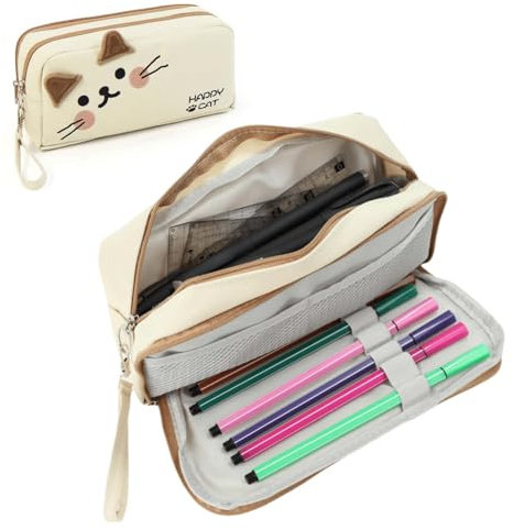 MHwan Federmäppchen, Niedliche Katzenstickerei und 3D-Katzenohren-Design, Mäppchen mit Großem Fassungsvermögen und 2 Fächern, Jungen, Mädchen, Kinder, Erwachsene (Beige)