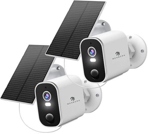 Menborn 2K Telecamera WiFi Esterno Senza Fili, Telecamera Batteria con Pannello Solare, Rilevamento PIR, Visione Notturna a Colori, Audio Bidirezionale, IP65 e Compatibile con Alexa, 2,4GHz