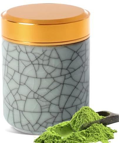 Pequeño recipiente de cerámica para matcha, latas de té para té suelto, pequeño recipiente de almacenamiento de cerámica, recipiente de almacenamiento portátil de 2,8 oz, doble sellado con tapa de