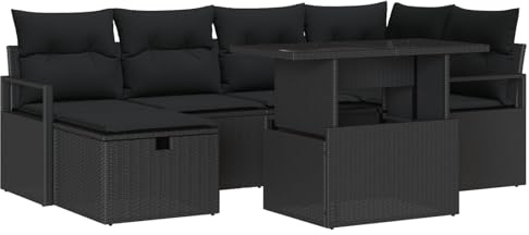 vidaXL Garten-Sofa-Set mit Kissen 7 pcs Schwarz Poly Rattan, Garten und Terrasse, Moderne modulare Sofas, verstellbare Füße, Lounge & Patioset Möbel