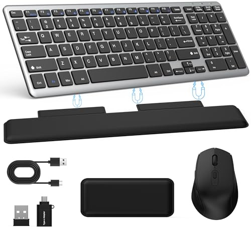 Ultra Slim Quiet Silent Wireless Keyboard and Mouse Combo with Magnetic Wrist Rest, Rechargeable Quiet Full-Size Keyboard and Mouse Combo Set Ultra Slim Design for Computer, Mac, Laptop, PC