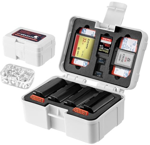 FOMITO Kamera-Akku-Hülle und Speicherkarten-Organizer, für 7 SD-Karten, 2 CFast 2 CF 2 Micro SD 2 XQD, wasserabweisend, stoßfest, Hartschalen-Aufbewahrungsbox (kaltgrau-rot)