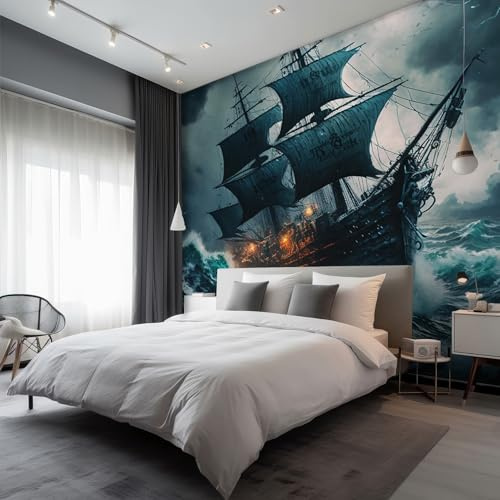 Generisch Tapete Piraten Schiff, Fototapete Sturm Meereslandschaft, Vliestapete für Schlafzimmer Wohnzimmer Kinderzimmer, Wand Deko Tapeten, Wandverkleidung 150x105 cm D&O11