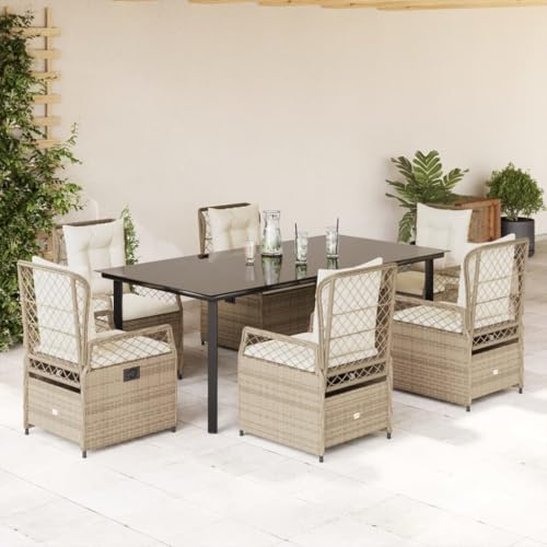 QJBSAVVA 9tlg. Garten-Essgruppe 200x100 cm, verstellbare Poly-Rattan-Sessel, stapelbar, 110 kg, Beige