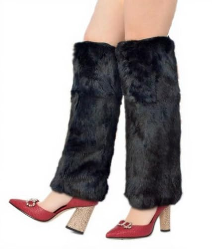 UQMIQURA Stulpen für Damen, Winter Leg Warmers, Plüsch Beinwärmer, Furry Beinstulpen 80 90 Jahre Outfit Fell Stulpen Beinüberzüge für Weihnachtstag Karneval Mottoparty (Schwarz)