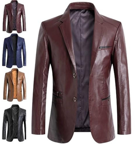 GAGFDA Herren Leder Blazer Jacke Regular Fit Lammfell Business Mantel Button Down Gefüttert Motorrad-Stil mit mehreren Taschen
