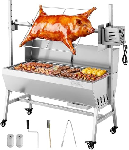 VEVOR Barbecue à Charbon avec Tournebroche Électrique 38 W, Rôtissoire à Charbon de Bois Capacité de Charge 60 kg, 7 Niveaux de Hauteur, Broche en Inox, pour Agneau Porcelet, Camping Fête Extérieur