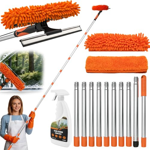 Window Cleaning Squeegee & Washer Set, 2-in-1 Window Cleaning Equipment with 4.5m(14.8Ft) Extendable Pole & 400ml Glass Cleaner,Streak-Free Cleaning for Windows, Glass Doors & Mirrors
