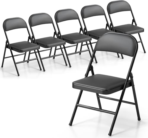 RUIE Klappstühle 6er Set, Klappstuhl Gepolstert aus Leder, Stabiler Metallklappstuhl, Stuhl für Küchen Party Camping Treffen Balkon und Garten, Gartenstühle Klappbar, Campingstuhl 150 kg Schwarz