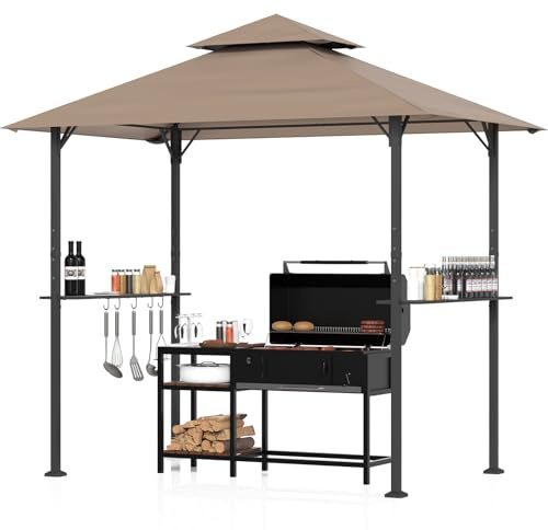 Huracan Grillpavillon mit Doppeldach, Wetterfest Gartenpavillon Grillüberdachung, Gartenlaube mit Seitenregalen, Flaschenöffner & Haken, UV-Schutz Belüftetes Dach, Grillunterstand BBQ Pavillon Party