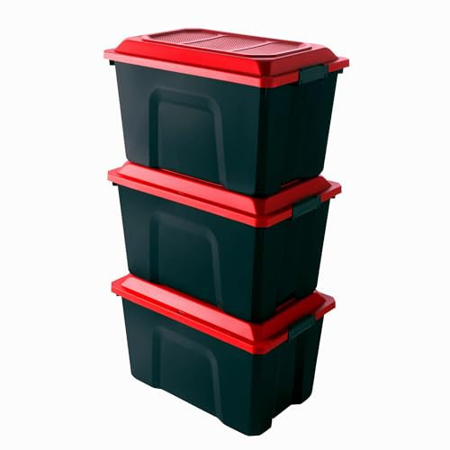 SUNDIS | LOT DE 3 Malles de Rangement LOCKER avec Couvercle - 60 - Litres Noir et Rouge