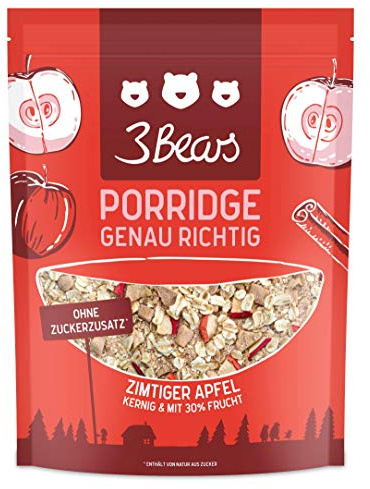 3Bears Porridge Zimtiger Apfel 400g I Leckere Hafermahlzeit fürs Frühstück, ohne Zusatz von Industriezucker I Auch als Overnight Oats oder veganes Oatmeal zu genießen