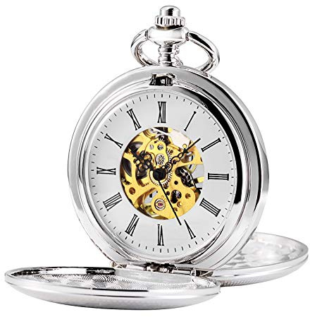 TREEWETO Herren-Taschenuhr mit doppeltem offenem Gehäuse, mechanischer Handaufzug, silberfarbene Taschenuhr