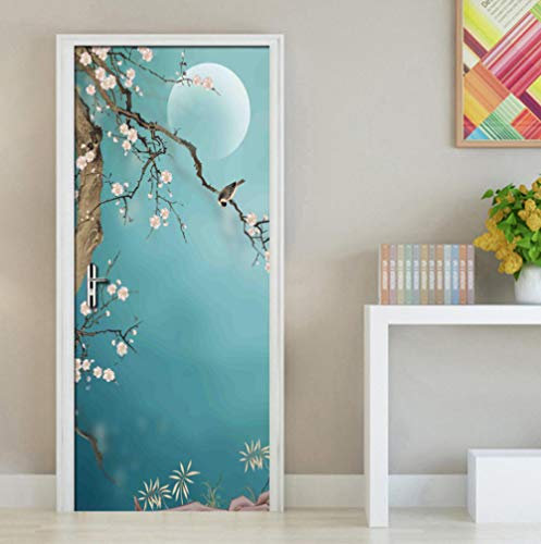 RDCHY 3D Sticker de Porte Arbre à Fleurs, Oiseau en vol Trompe l'oeil PVC Imperméable Porte Autocollants Autoadhésif pour Chambre Salon Salle de Bain Cuisine Décoration 95cm*215cm