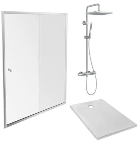 Jacob Delafon E63155-WPM Pack Douche IPSO (Receveur 140x90 + Porte coulissante et Fixe + Colonne), Blanc, Chrome et Verre Transparent