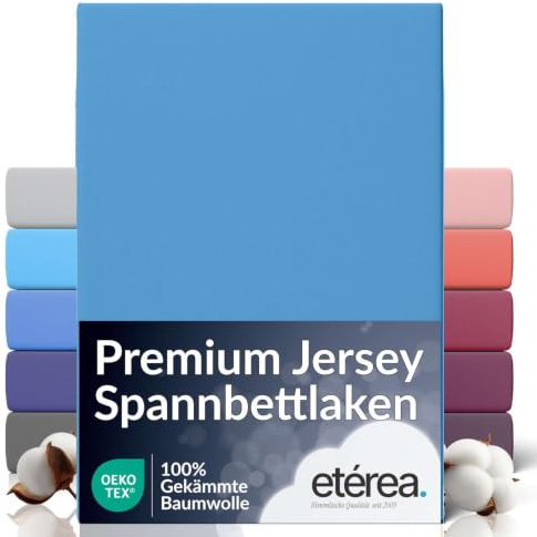 etérea Jersey Spannbettlaken Premium 180x200-200x200 cm Hellblau | 160 g/m² gekämmte Baumwolle Spannbetttuch · Rundumgummizug · bügelfrei & farbecht · OEKO-TEX Made in Green