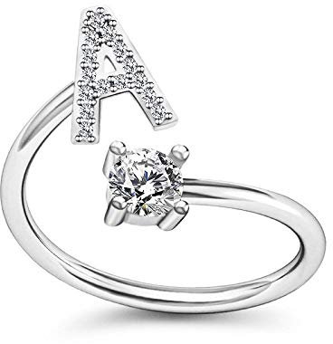 Bungsa A Ring Buchstabe - BUCHSTABEN RING silber mit Kristallen - biegbarer Fingerring/Zehenring Toering für Damen, Kinder & Herren