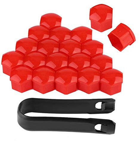 20Pcs Capuchons d'écrou de Roue, 19mm Boulon Ecrou Couvre Capuchons Protection Hexagonal Extérieure de Pneu de Voitures Avec Outil Demontage Auto Hub Vis Cache Boulon Jantes pour Véhicule (Rouge)
